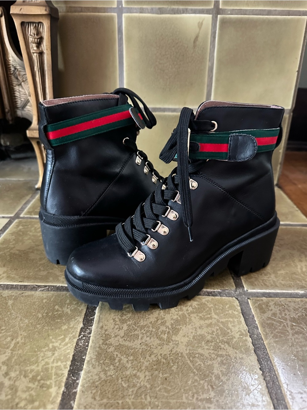 [silent d] Black Ankle Lace-Up Platform Boots with Green & Red Trim